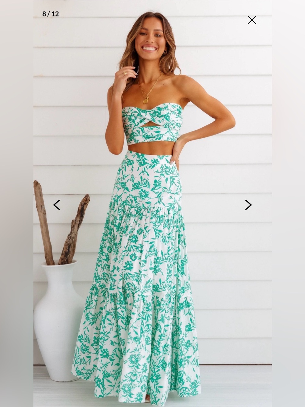 Pink Lily 2 pc SET Maxi Skirt and Strapless Top Floral Green and White m